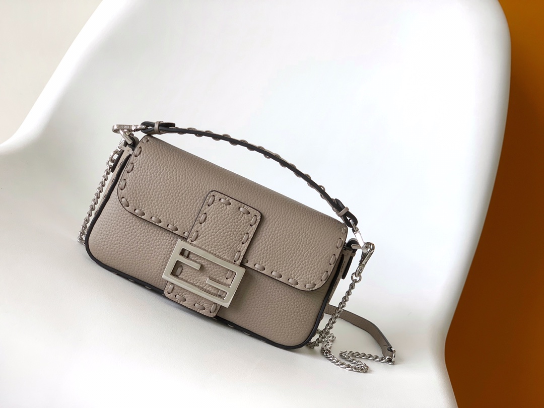 Fendi Mini Baguette Selleria With 309 Hand-sewn Topstitches Shoulder Bag Grey